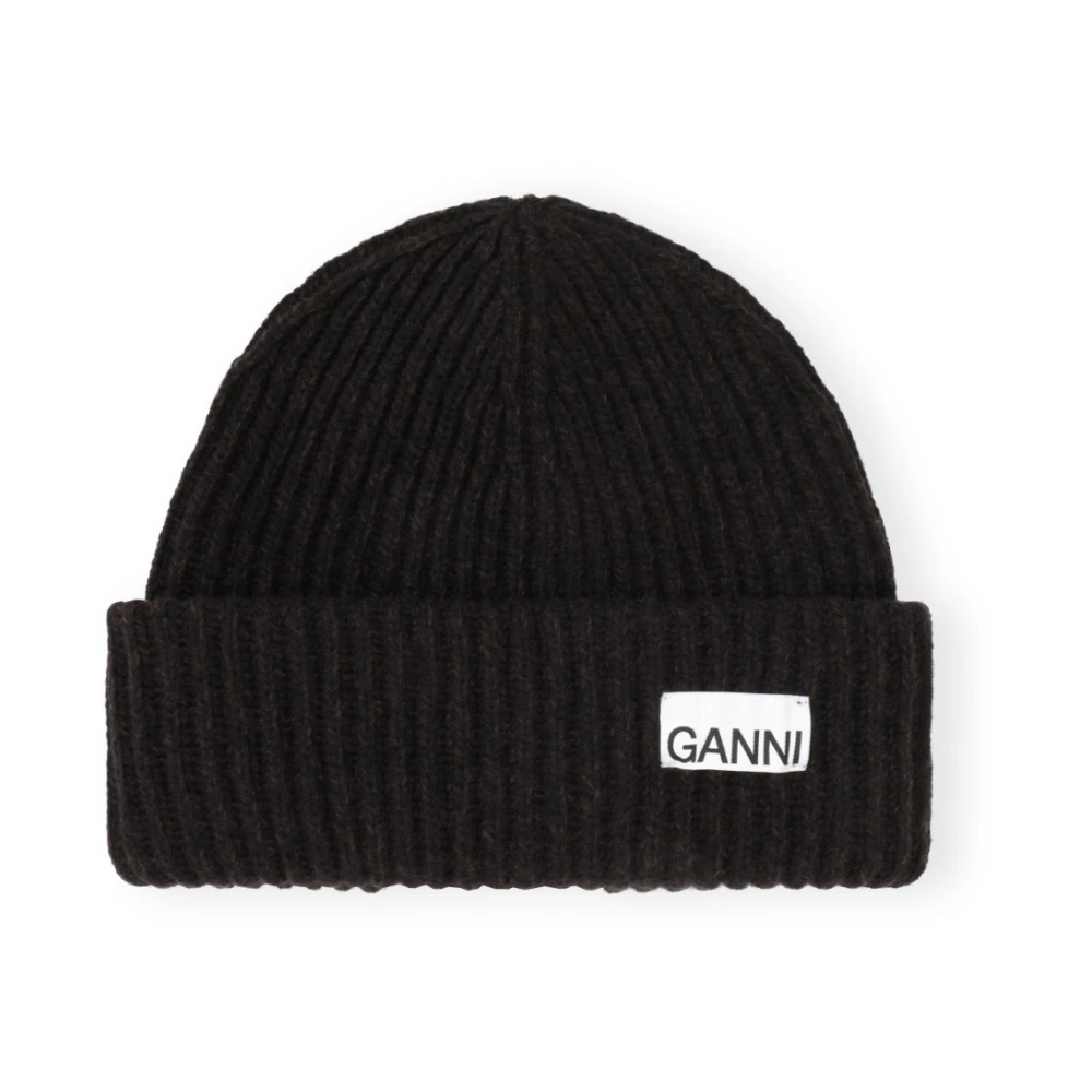Ganni Ribbed-Knit Beanie Black Dames
