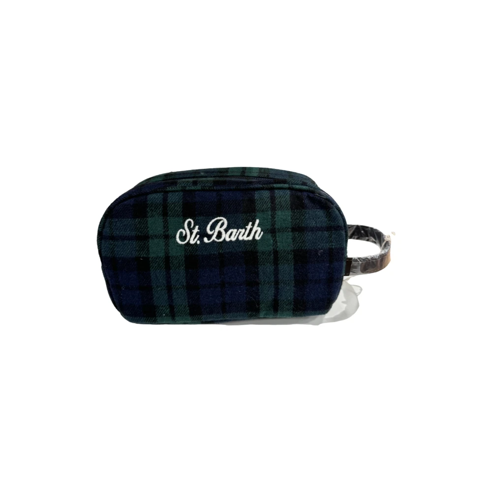 Saint Barth Blauw fluwelen beautycase met bruin leren handvat Black Dames