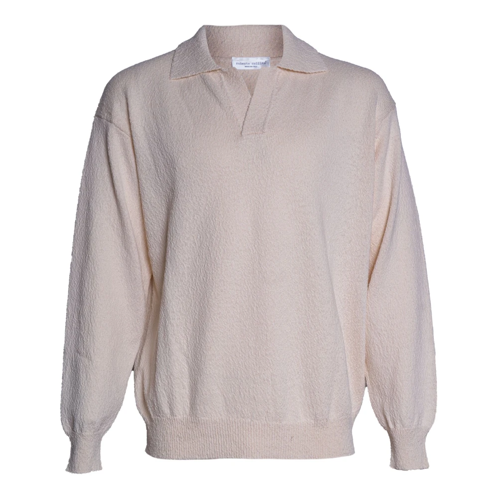 Roberto Collina Men's Beige Polo Shirts, M, Buttonless Long-Sleeve Polo