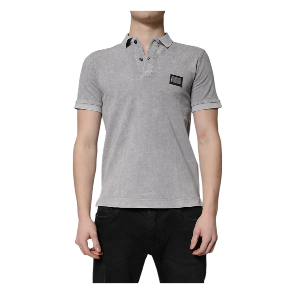 Dolce & Gabbana Men's Gray Polo Shirts, S, Logo Plaque Cotton Polo