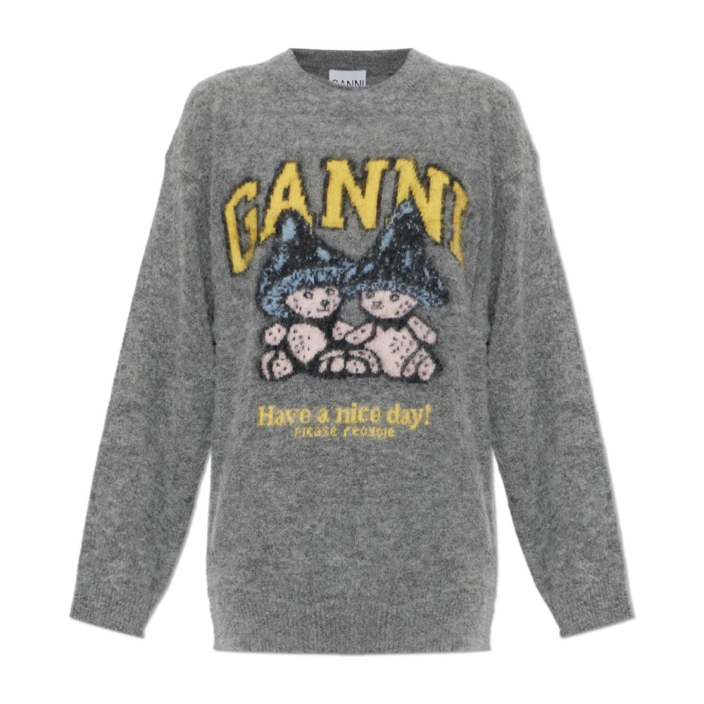 Ganni Brushed Alpaca Oversized Jumper - Female - Round-Neck Knitwear - Gray - Xs - Knitwear