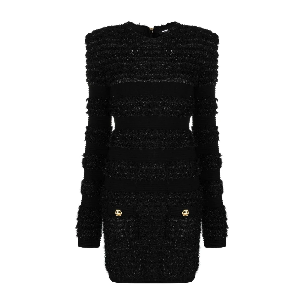 Balmain Geribbelde Tweed Mini Jurk in Zwart Black Dames