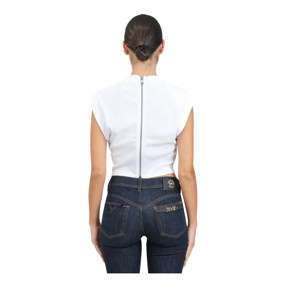 Versace Jeans Couture Witte Gotische Logo Geborduurde Mouwloze T-shirt White Dames