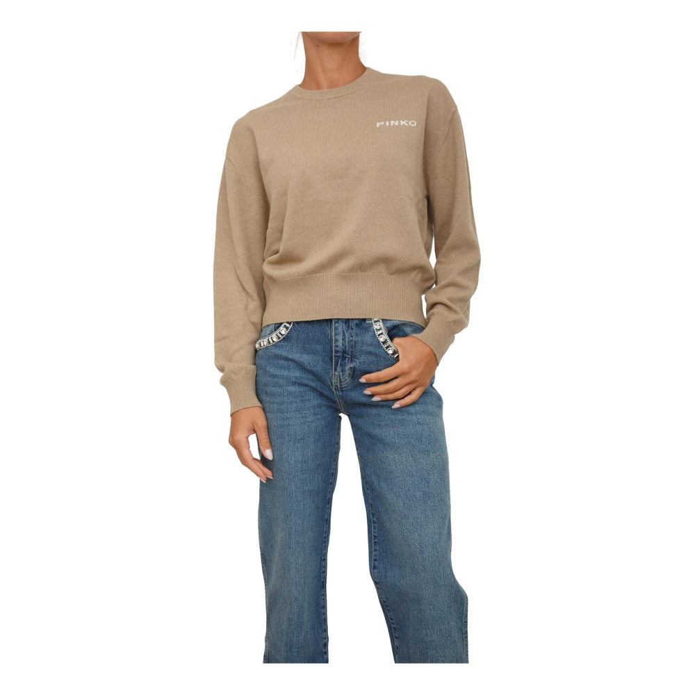 Pinko Women's Brown Round-Neck Knitwear, L, Camel Jumper Wool Cashmere Blend