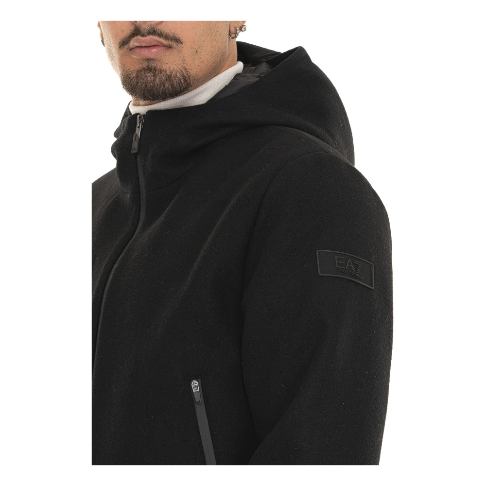 Emporio Armani EA7 Wollen jas met capuchon en zakken Black Heren