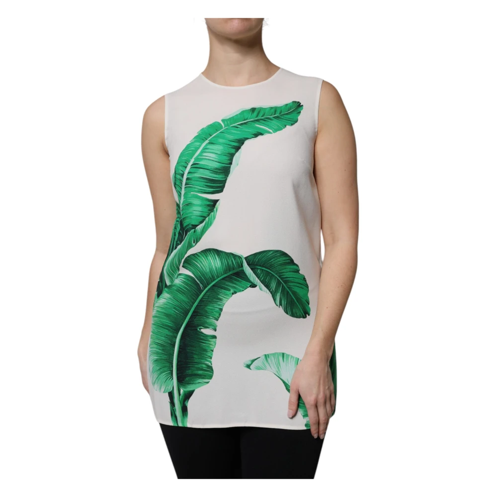 Dolce & Gabbana Multicolor Sleeveless Tops, Female, S, White Banana Leaf Print Tank Top