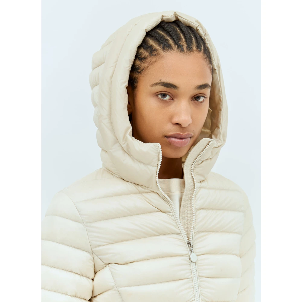 Moncler Gewatteerde Korte Donsjas met Capuchon Beige Dames