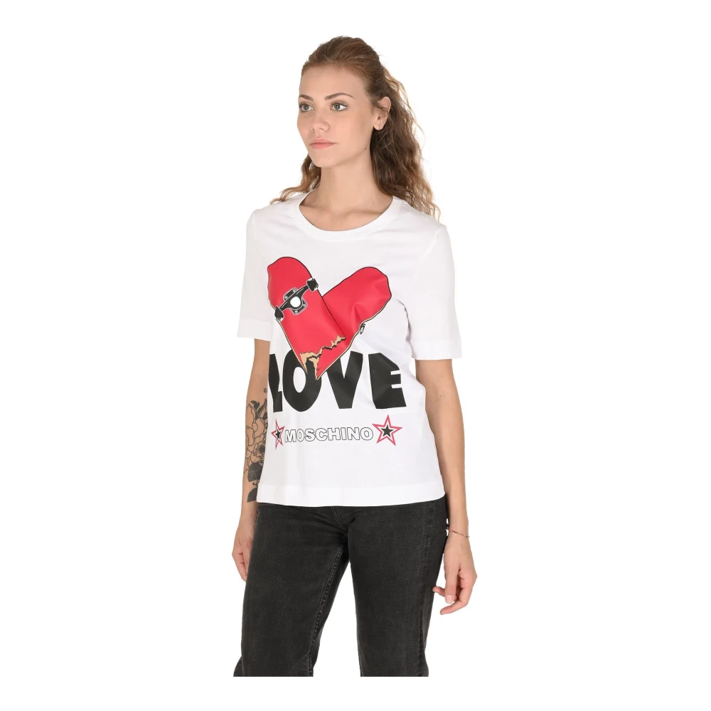 Love Moschino Wit Katoenen T-shirt met Inlay White Dames