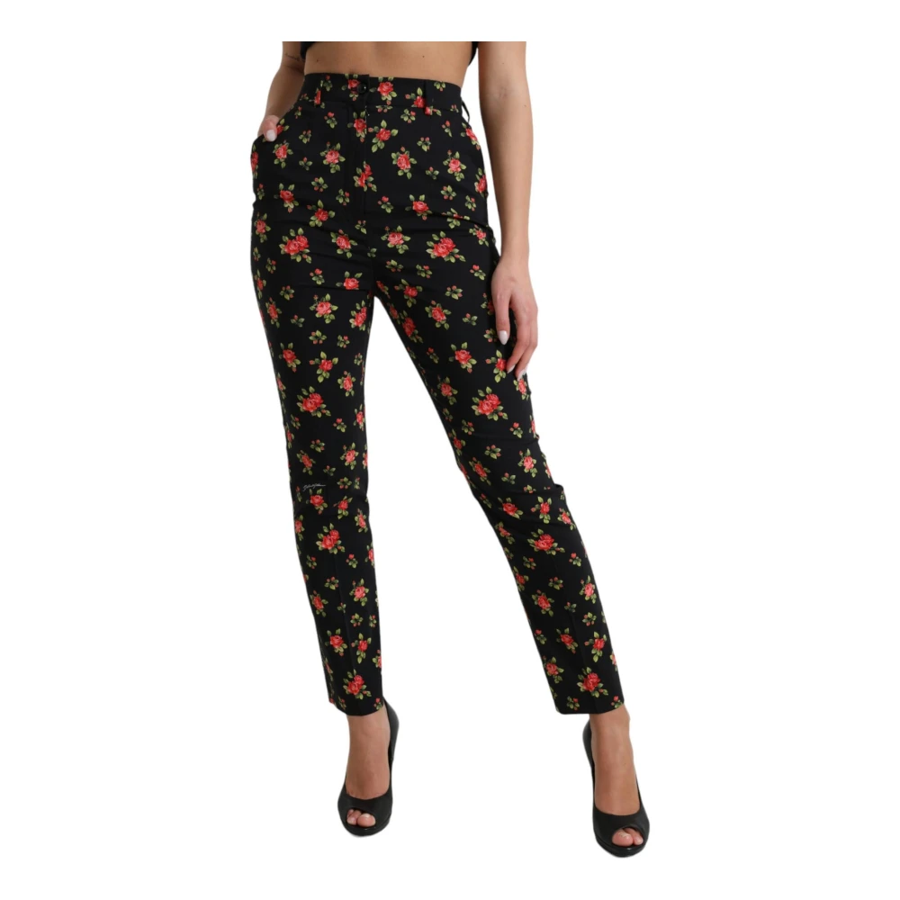 Dolce & Gabbana Multicolor Svarta Blommiga Högmidjade Tapered Byxor