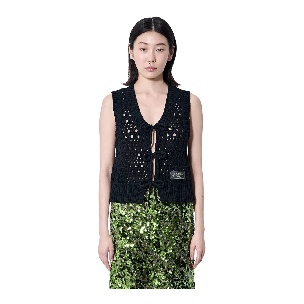 Ganni Women's Black Waistcoats, Xs, Knit Logo Patch Vest