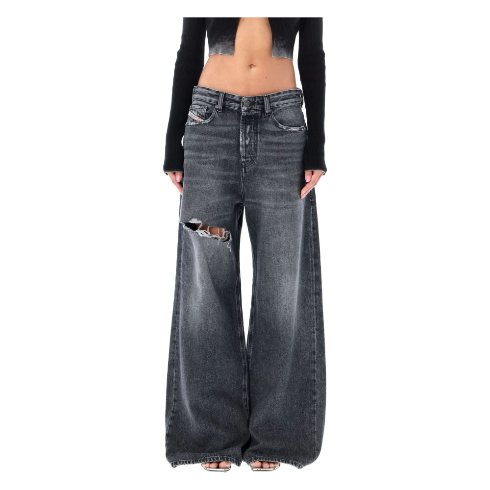 Diesel Zwarte Distressed Wide-Leg Jeans Aw24 Blue Dames