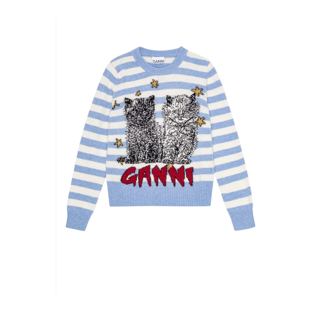 Ganni Blue Round-Neck Knitwear, Female, Xs, Striped Cat Graphic Crewneck Jumper