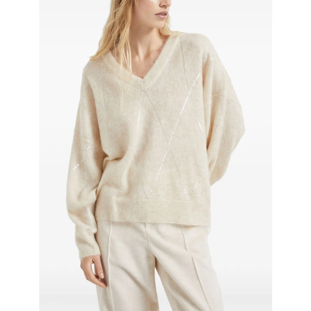 BRUNELLO CUCINELLI Diamantpatroon Paillet Sweater Beige Dames