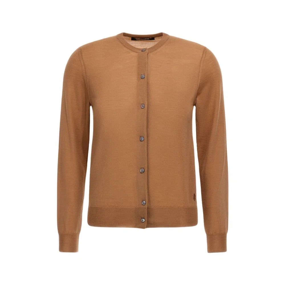 Roberto Cavalli , Cardigans, Female, Brown, S, Luxurious Wool Cardigan With Monogram Logo