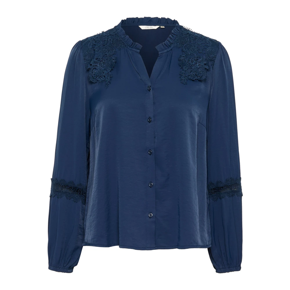 Cream Navy Blazer Shirt met Kant Details Blue Dames