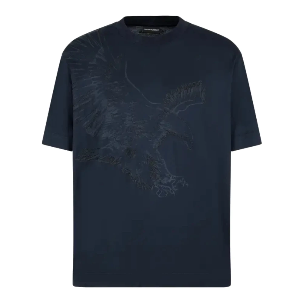 Emporio Armani Blauw Lyocell T-shirt met geborduurde adelaar Blue Heren