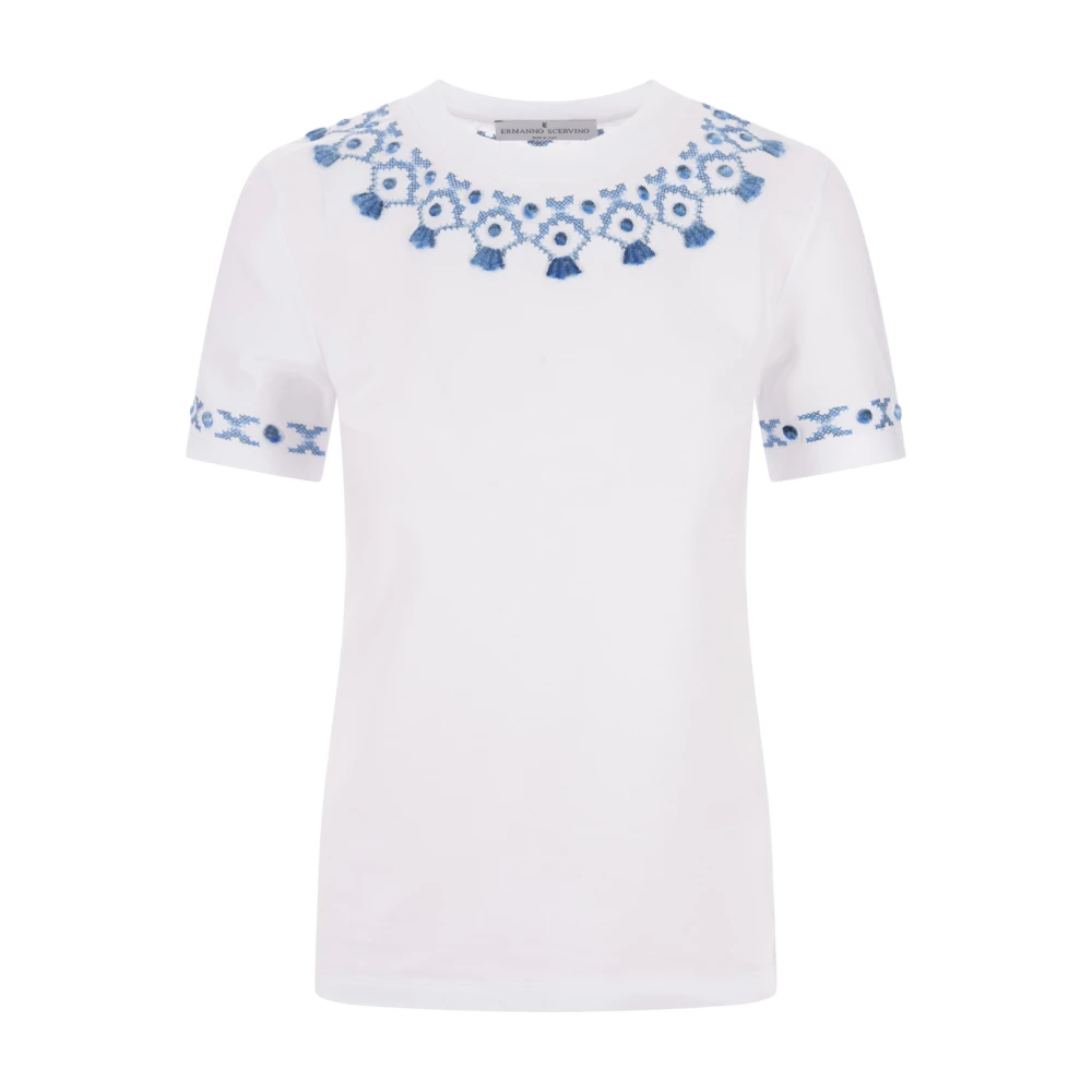 Ermanno Scervino Wit Crew-neck T-shirt met Blauwe Borduursels White Dames