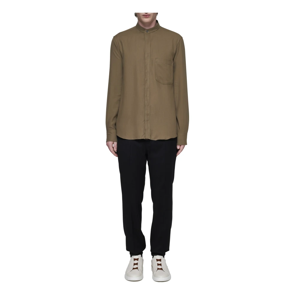 Ermenegildo Zegna Khaki Groene Mandarin Kraag Shirt Brown Heren