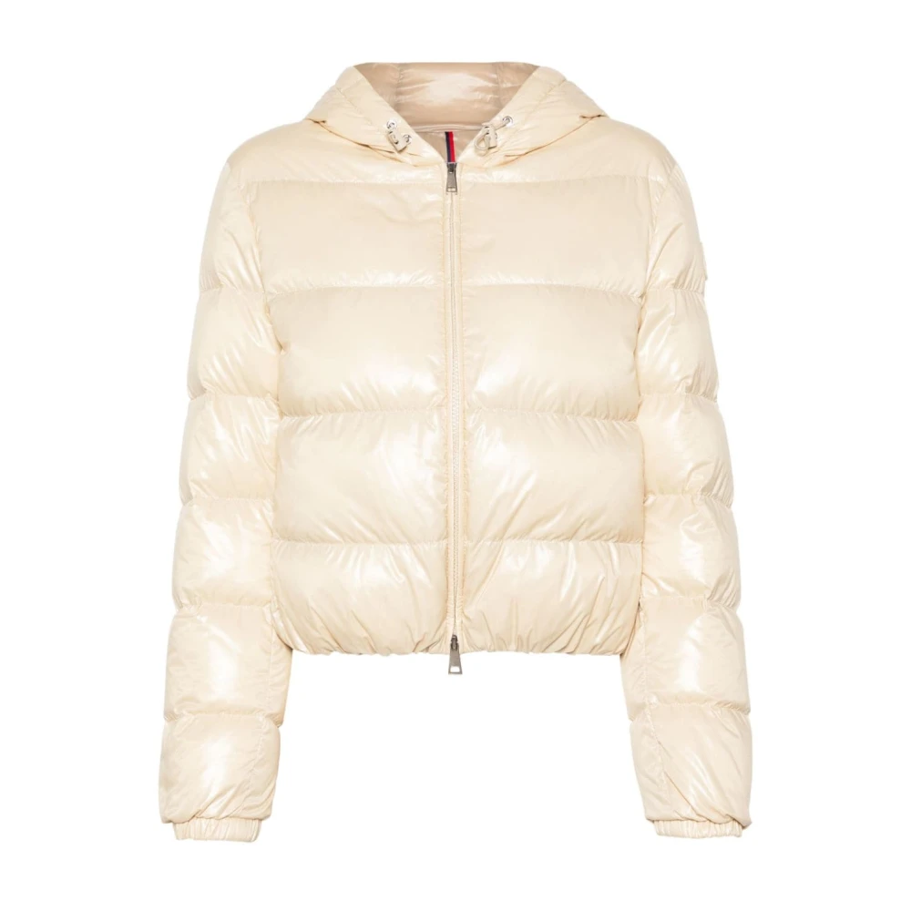 Moncler Gewatteerde Nylon Donsjas met Capuchon Beige Dames