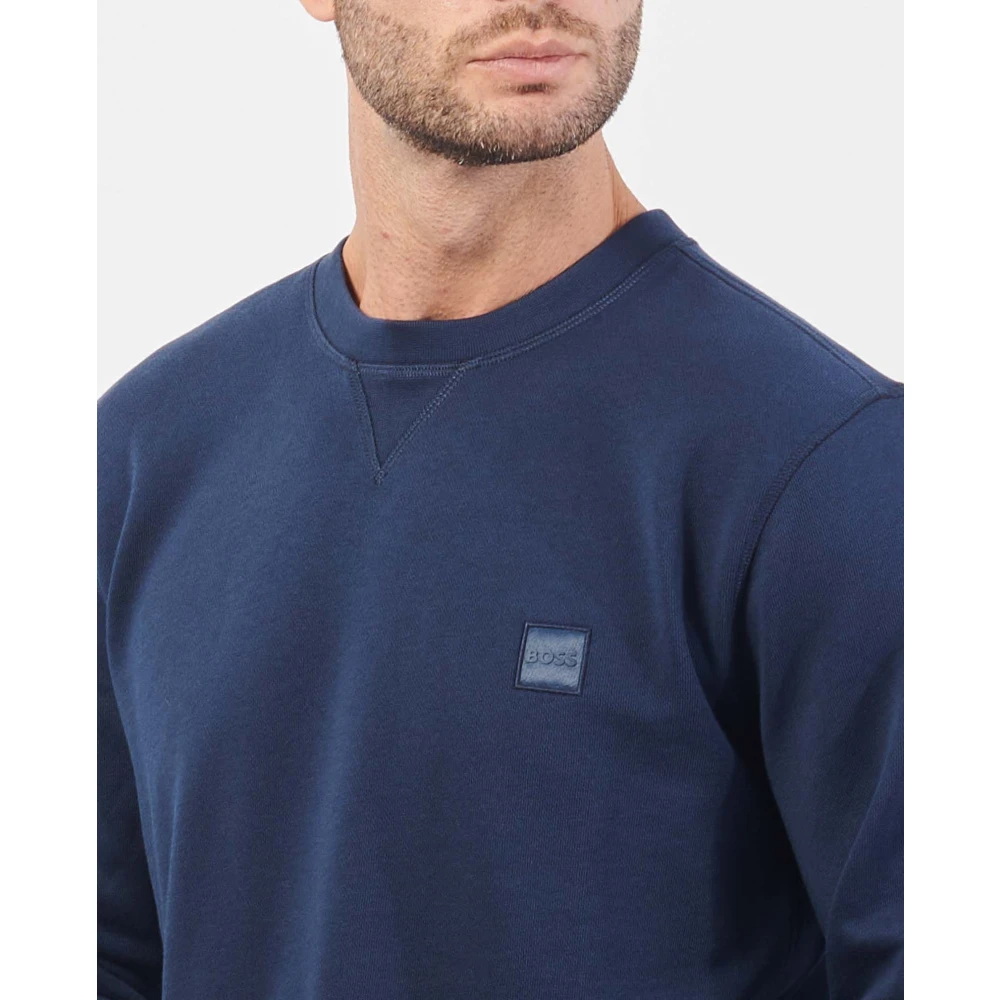 Boss Blauwe Casual Sweater Franse Terry Logo Blue Heren