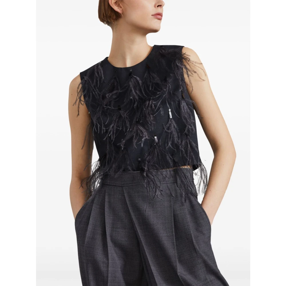 BRUNELLO CUCINELLI Zwarte Veer Detail Top Black Dames