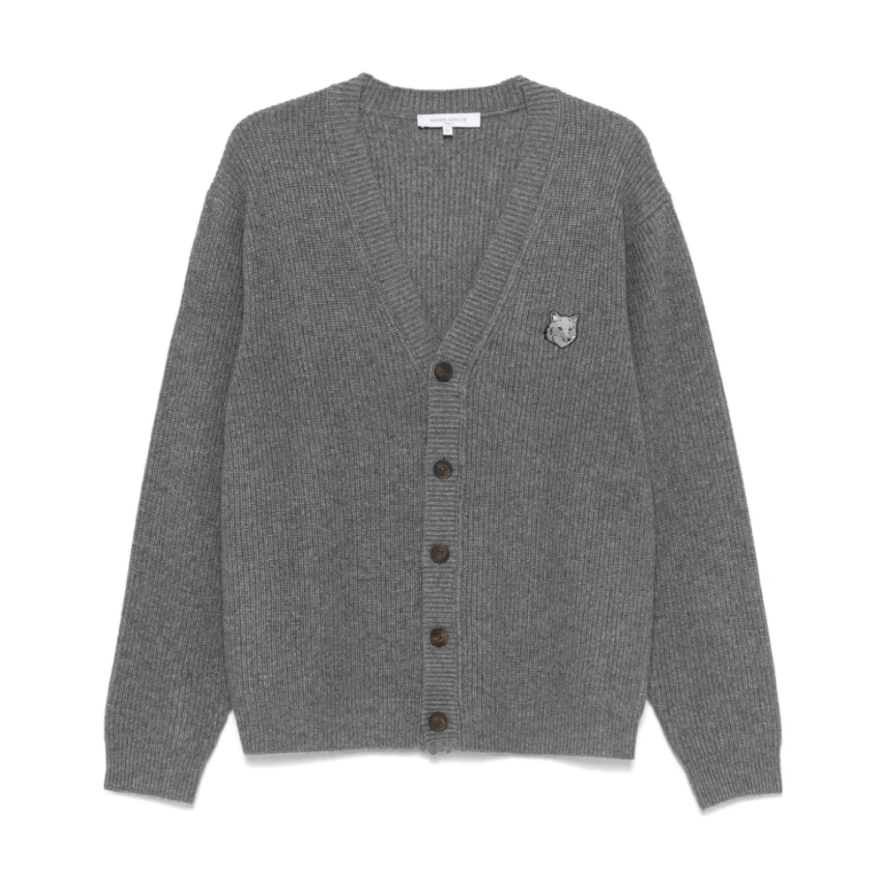 Maison Kitsuné Fox Head Wool Cardigan Sweater Gray Heren