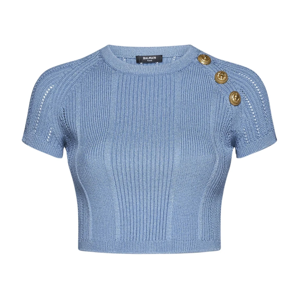 Balmain Leeuwenkop Crew Neck Gebreide Top Blue Dames