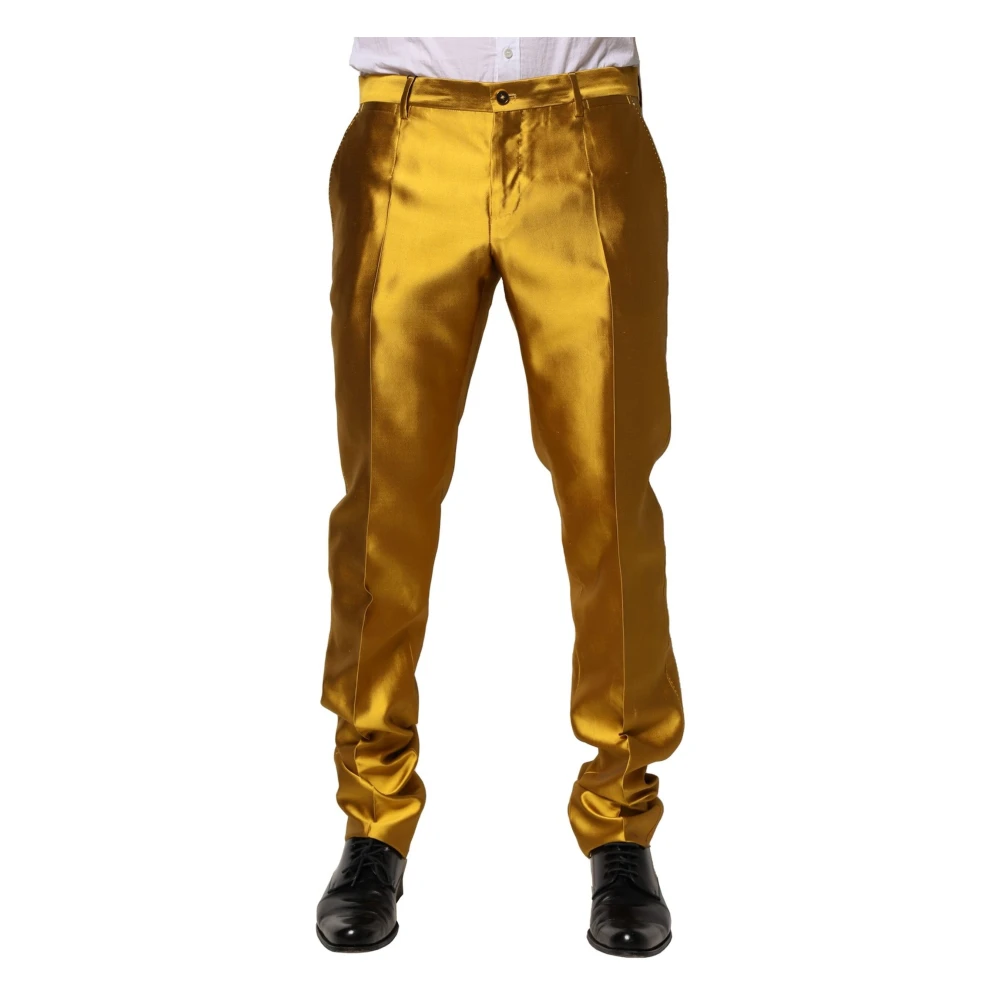 Dolce & Gabbana Men's Yellow Slim-Fit Trousers,, Silk Tapered Dress Trousers Large