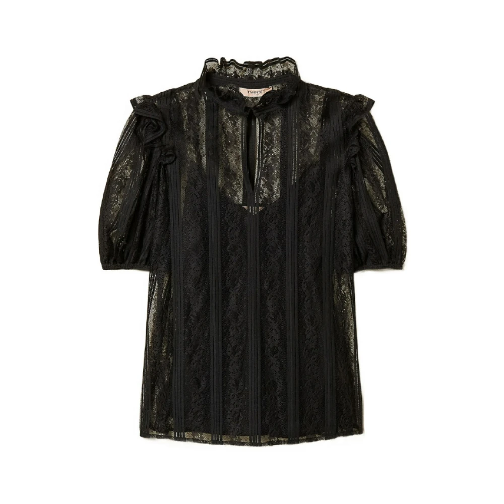 Twinset Women's Black Blouses, M, Lace Blouse With Vertical Stripes