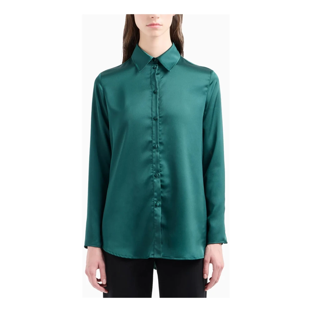 Emporio Armani Satin Crepe Classic Collar Shirt Green Dames