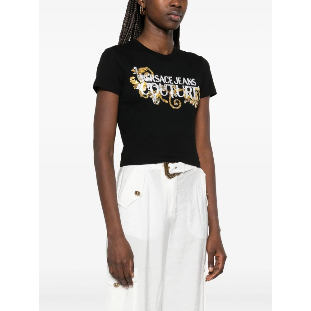 Versace Jeans Couture Zwarte T-shirt Polo met Kristallen Versiering Black Dames