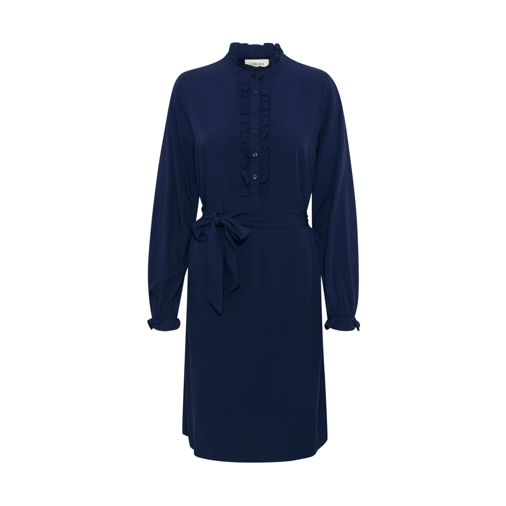 Cream Navy Frill Jurk met Kinakraag Blue Dames