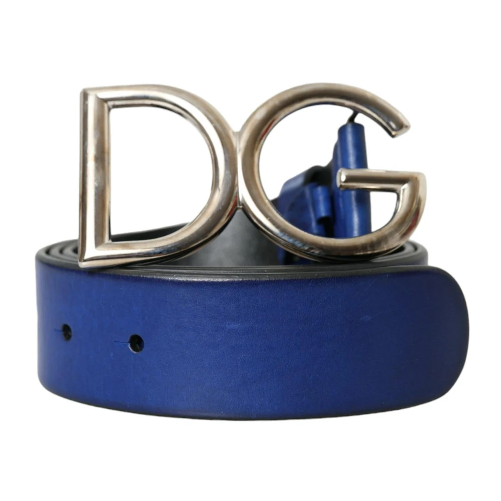 Dolce & Gabbana Blauw Leer Zilver Metaal Logo Gesp Riem nen Blue