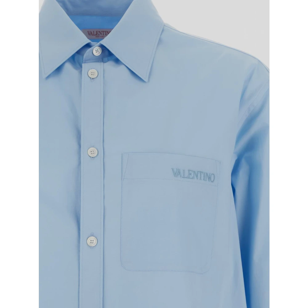 Valentino Logo Borduurwerk Poplin Overhemd Blue Heren