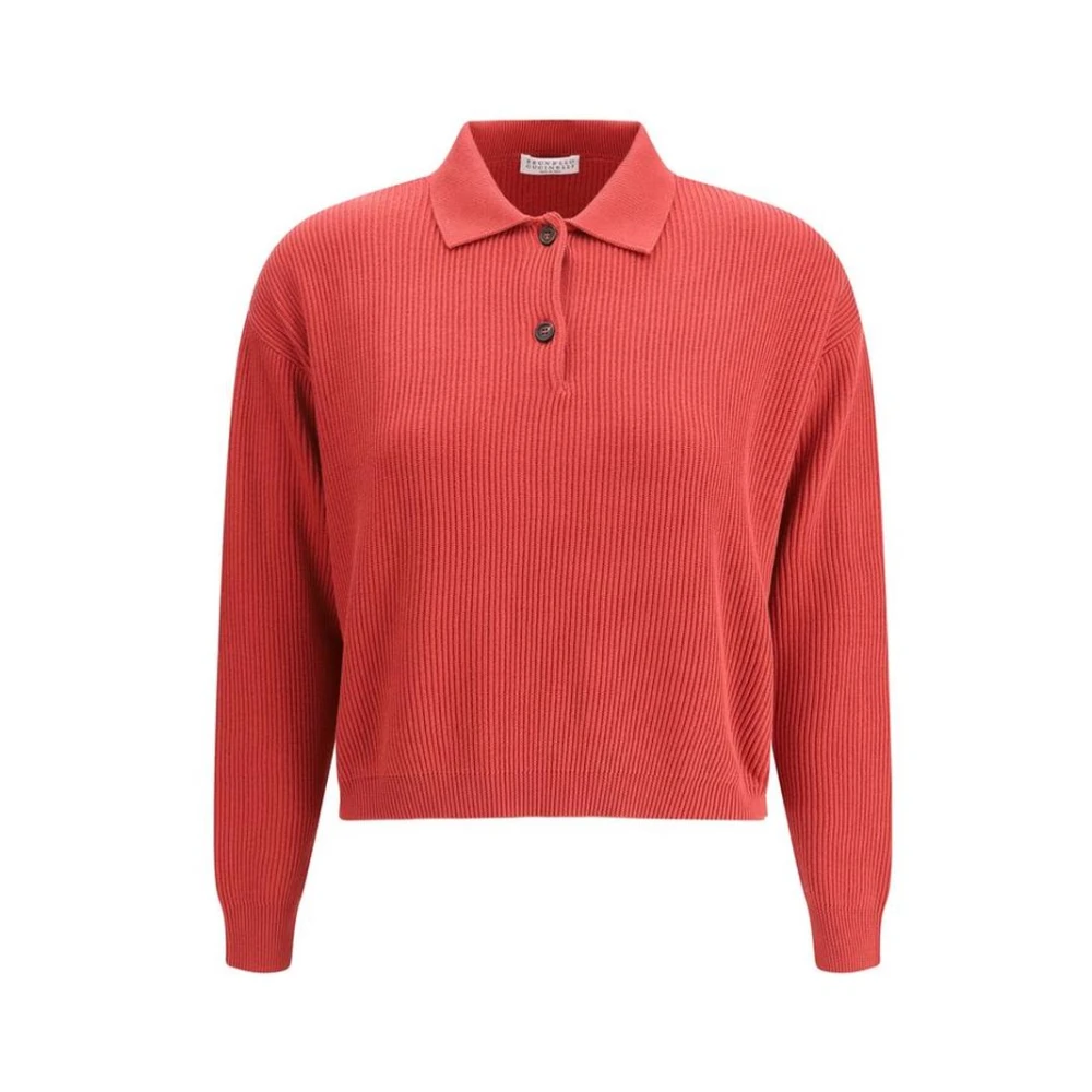 BRUNELLO CUCINELLI Klassieke Kraag Gebreide Trui met Geribbelde Details Red Dames