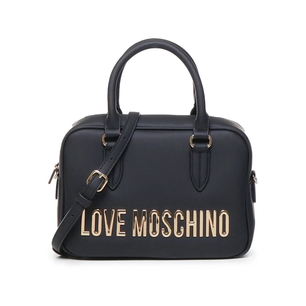 Love Moschino Zwarte dames tas met gouden lettering en kettingriem Black Dames