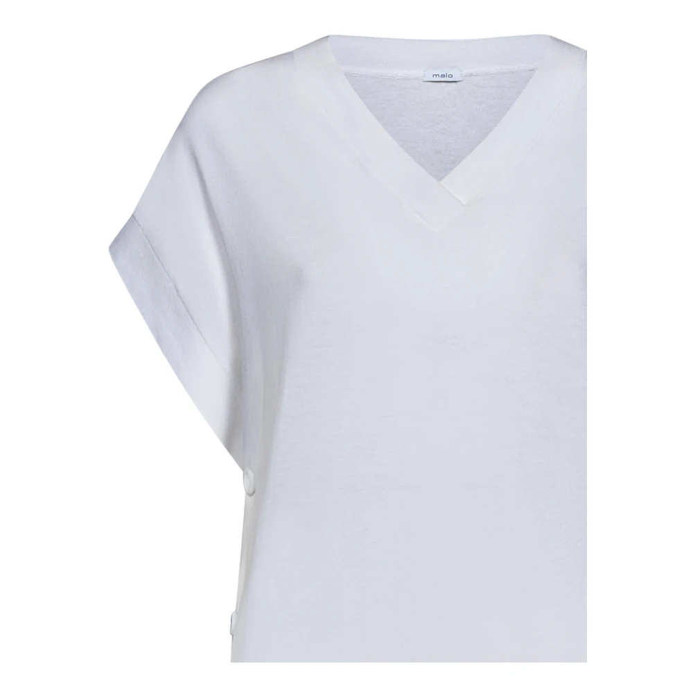 Malo Witte Geribbelde V-hals T-shirts en Polos White Dames