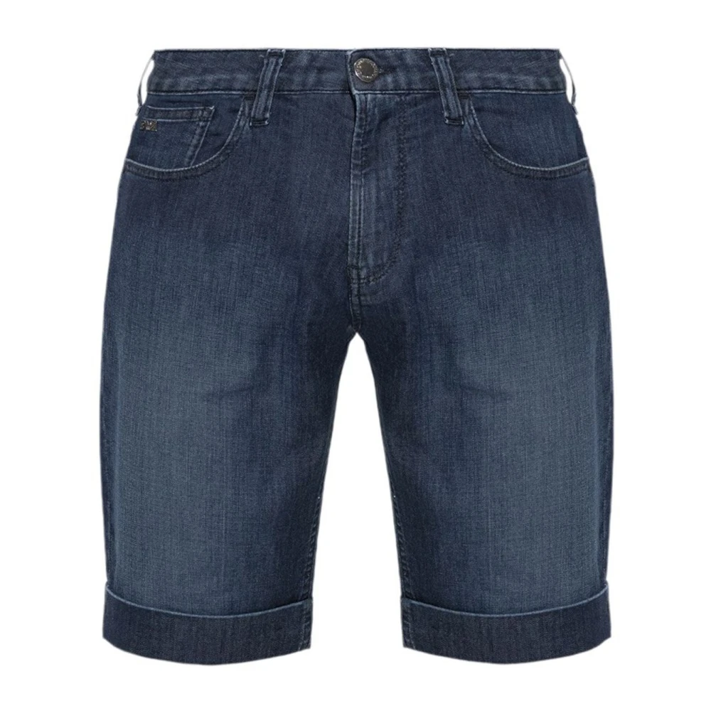 Emporio Armani Denim Bermuda Shorts met Leren Logo Blue Heren