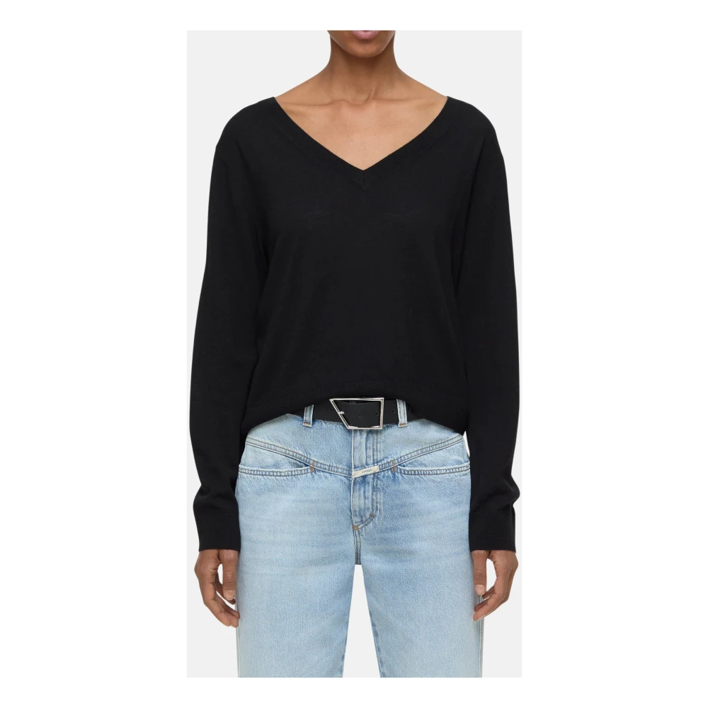 closed V-hals Boxy Wol Zijde Trui Black Dames