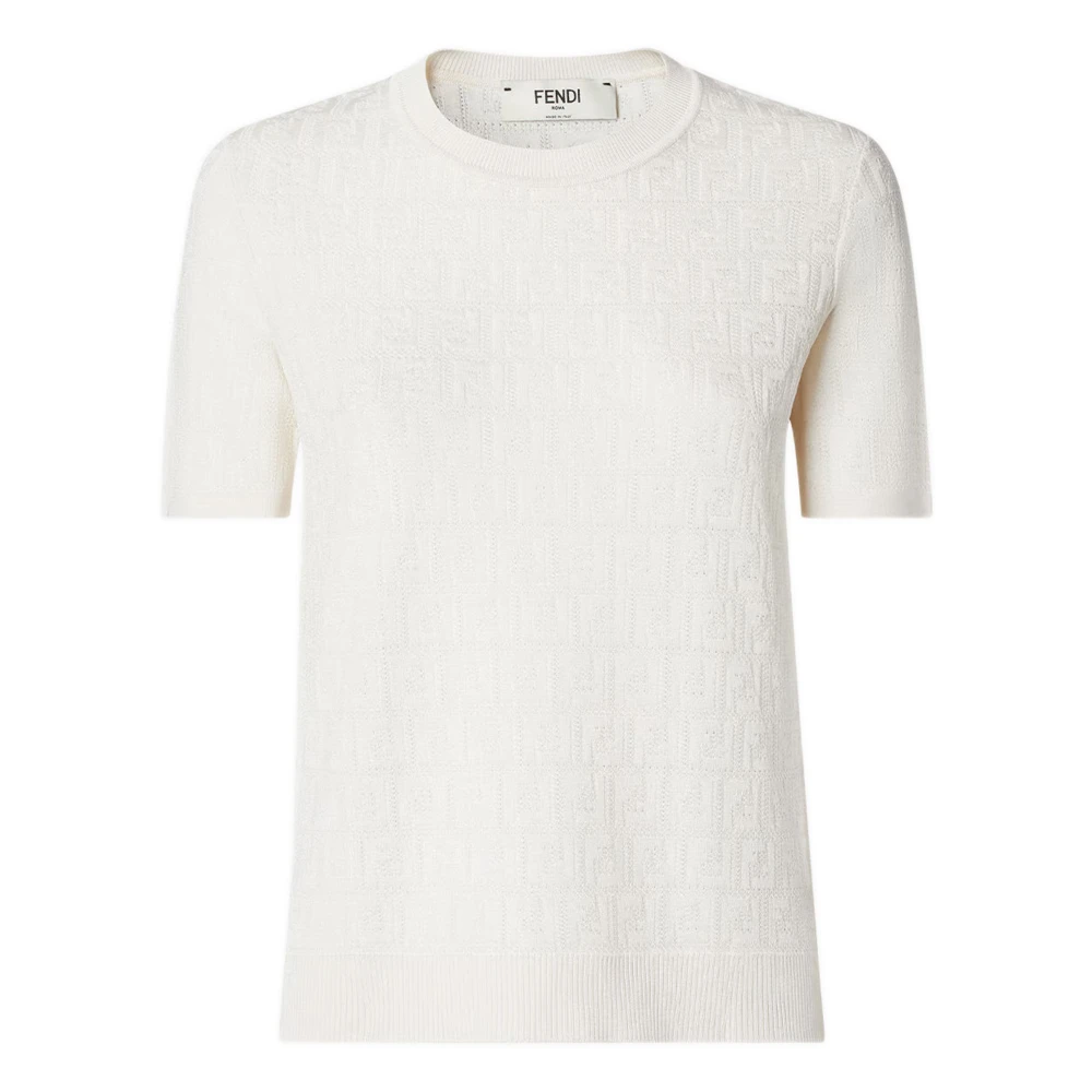 Fendi Women's White Round-Neck Knitwear, 2XS, Iconic Micro Ff Motif Jumper