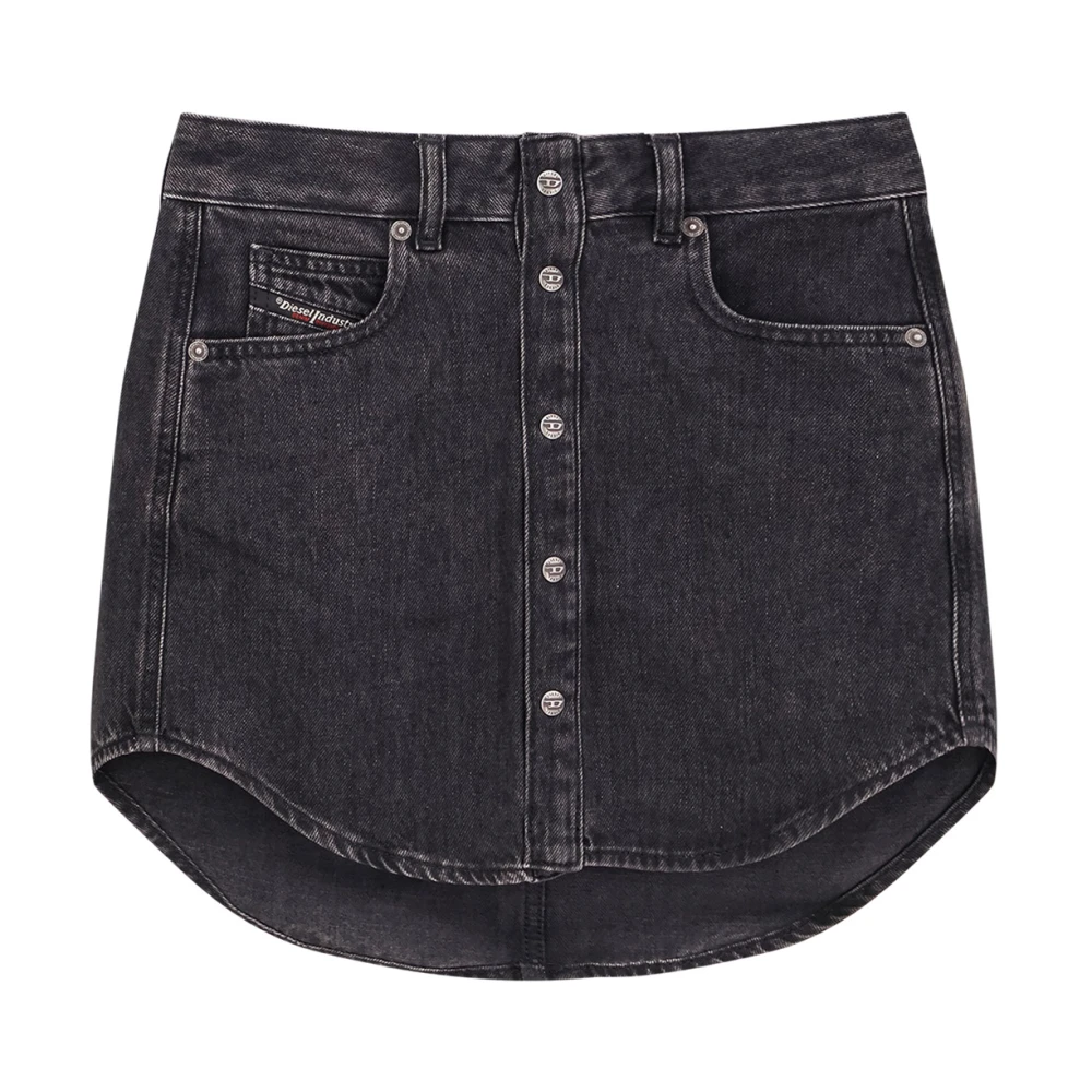 Diesel Women's Black Denim Skirts, W25, Button Closure Skirt Asymmetric Hem