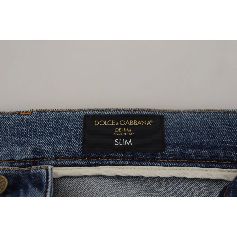 Dolce & Gabbana Blauwe Slim Fit Gescheurde Denim Jeans Blue Heren