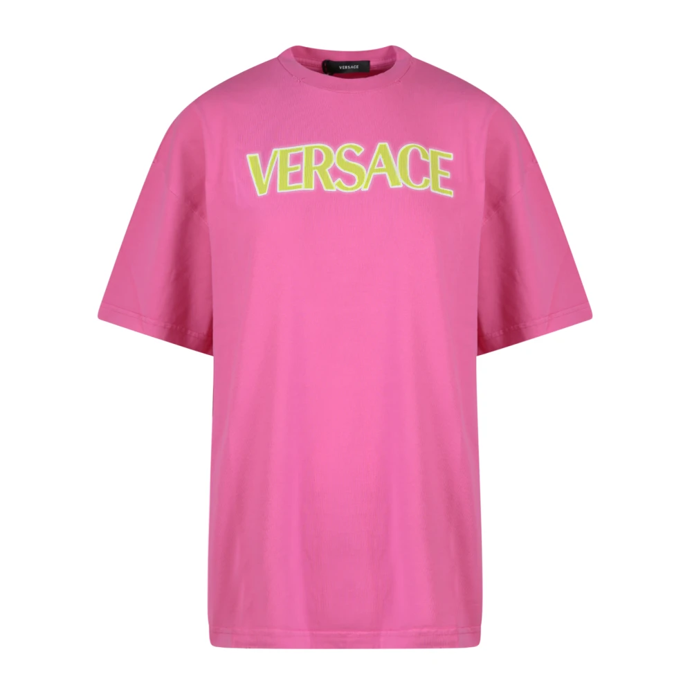 Versace Roze Katoenen T-Shirt met Gekleurde Logo Print Pink Dames