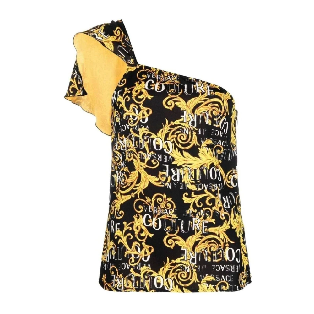 Versace Jeans Couture Nero Mouwloze Top met Gouden Logo Print en Ruffle Detail Yellow Dames