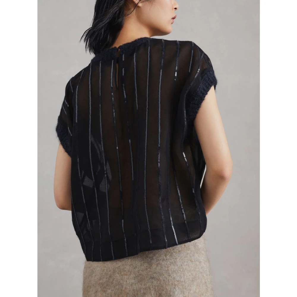 BRUNELLO CUCINELLI Zwarte Zijden Paillet Streep Shirt Black Dames