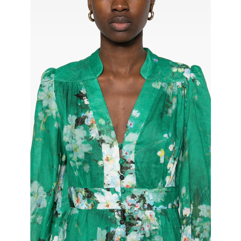 Zimmermann Bloemen Midi Jurk Groen Linnen Green Dames
