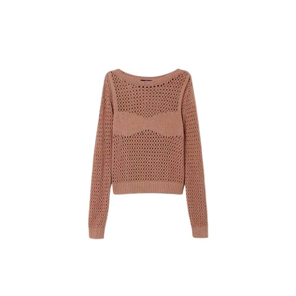 Twinset Brun Stickad Tröja Mesh Bomull Lurex Brown, Dam