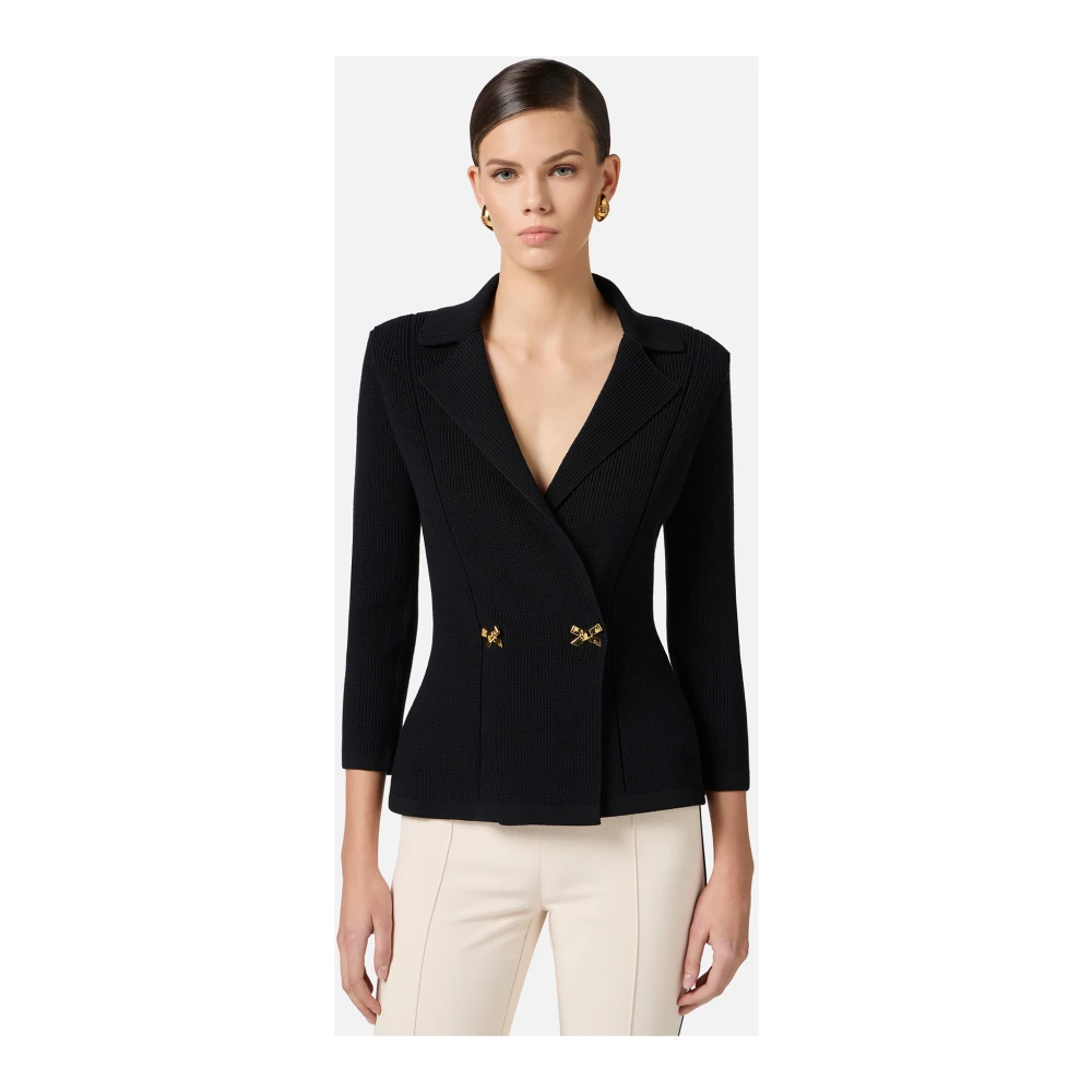 Elisabetta Franchi Zwarte gebreide blazer met gouden strikken Black Dames