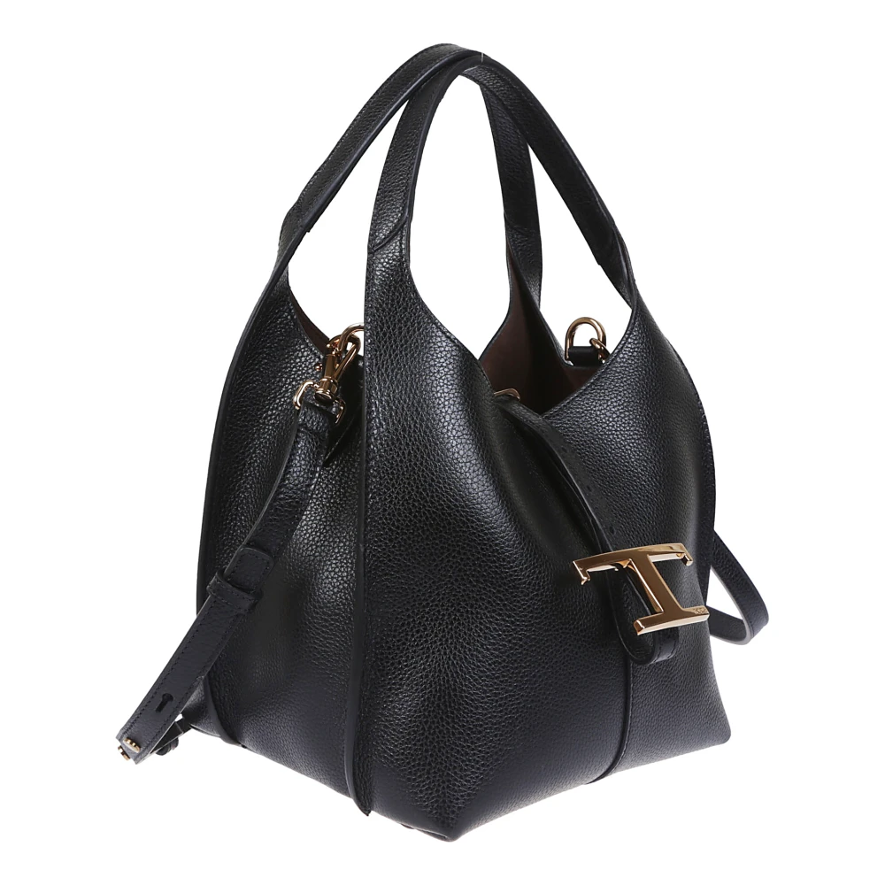 TOD'S Zwarte gehamerde leren tas met T Timeless hanger Black Dames