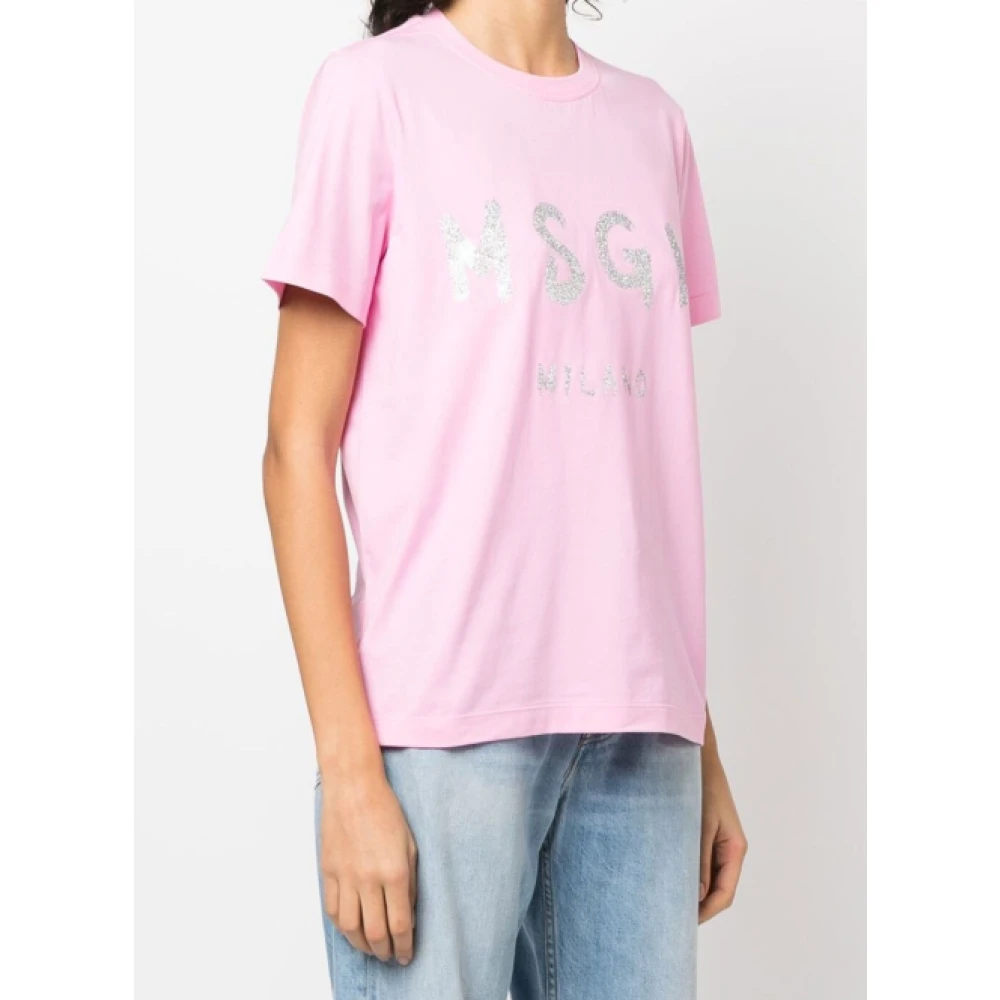 Msgm Roze Voorkant Print Half Mouw Tee Pink Dames